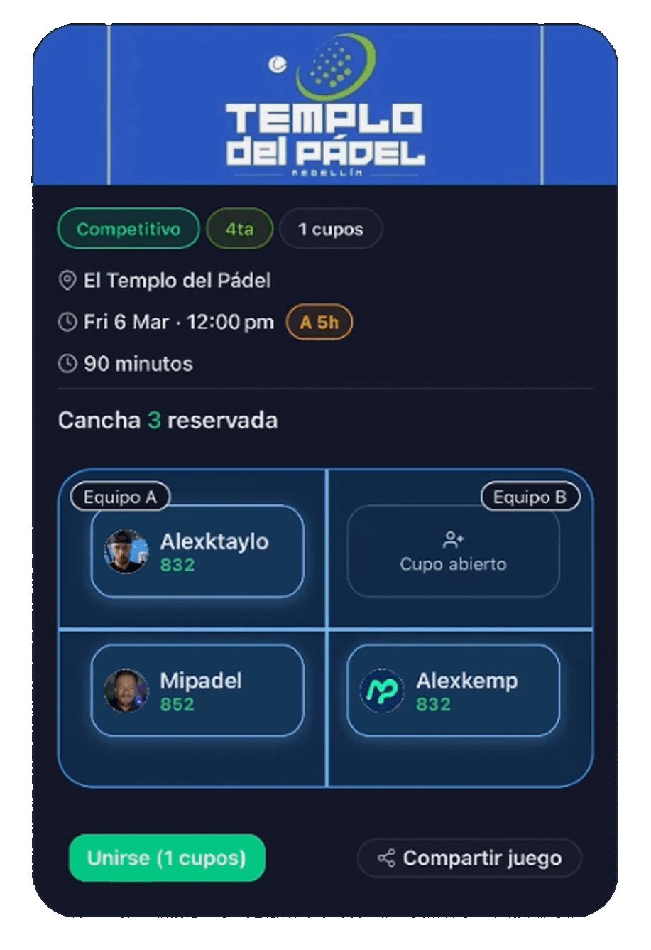 Pantalla de creación o publicación de partido en MiPadel